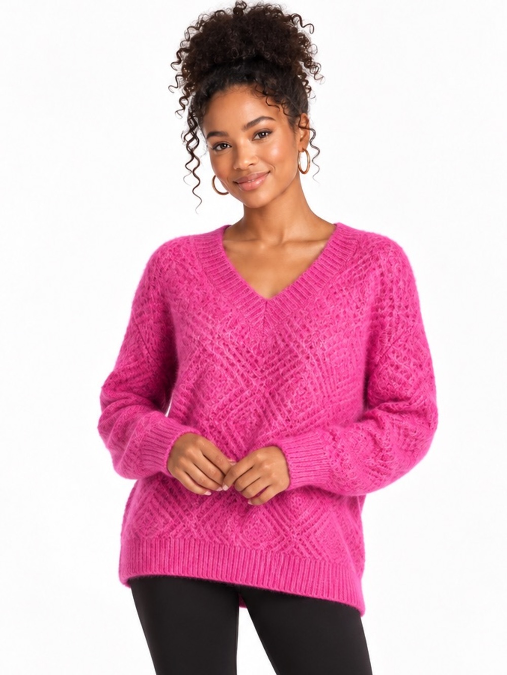 TREASURE & BOND Diamond Stitch V-Neck Sweater Pink Fuchsia